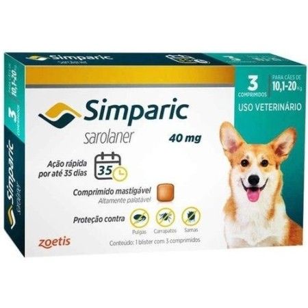 Antipulgas Simparic para Cães 10,1 a 20kg Zoetis com 3 Comprimidos 40mg