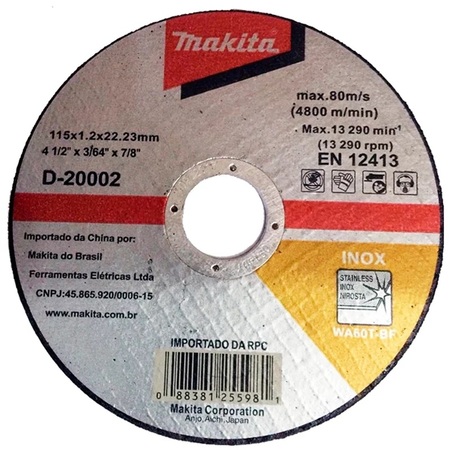 Disco Fino de Corte Makita 4.1/2 X 1.20 X 7/8 Inox D-20002-10 Disco Fino de Corte Makita 4.1/2 X 1.20 X 7/8 Inox D-20002-10
