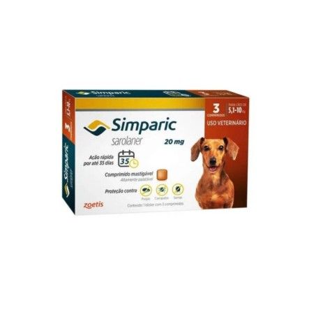 Antipulgas Simparic para Cães 5,1 a 10kg Zoetis com 3 Comprimidos 20mg