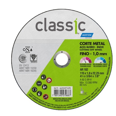 Disco de Corte Fino Norton Classic 115x1,0x22,23mm 66253371670