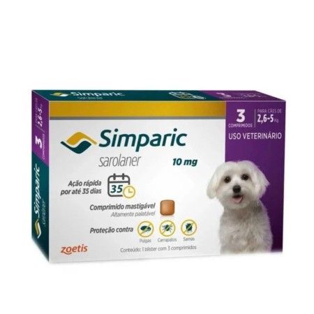 Antipulgas Simparic para Cães 2,6 a 5kg Zoetis com 3 Comprimidos 10mg