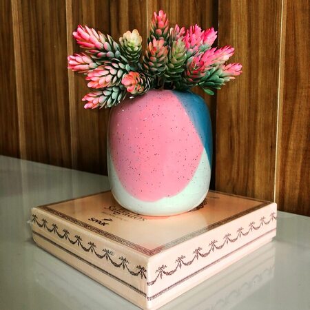 Vaso Cerâmica Decor Tricromático Rosa Branco e Azul mod. 02
