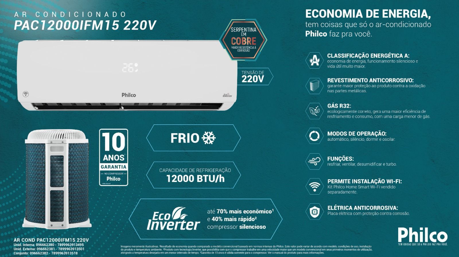 Ar-Condicionado Split 12000 BTU/h Eco Inverter PAC12000IFM15 - Philco - Ar- Condicionado Split 12000 BTU/h Eco Inverter PAC12000IFM15 - Philco - Philco