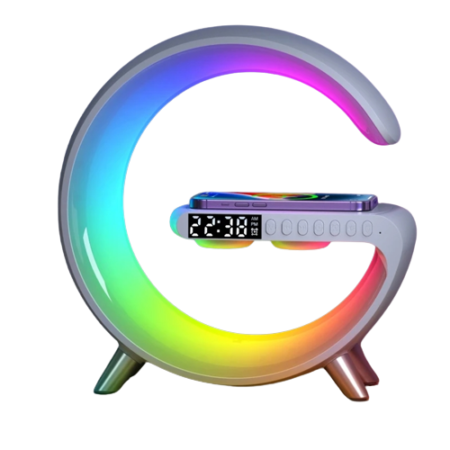 Luminária G Led RGB Com Relógio Carregador De Indução E Áudio Bluetooth