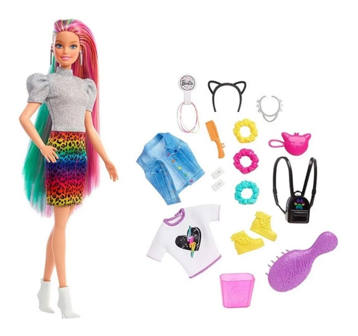 Boneca Barbie Penteado de Oncinha Leopard Rainbow Hair - Mattel - Ailo