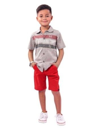 Conjunto Infantil Menino de Tricoline com Listras Mundi