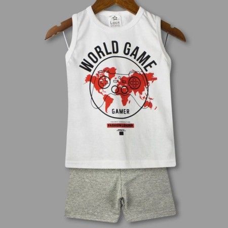 Conjunto Infantil Menino Camiseta Regata World Game e Shorts Mescla - Magia Baby
