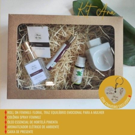 Kit Ana Linha Feminile: Rollon & Spray + Caixa + Chaveiro + Aromatizador e Óleo Essencial