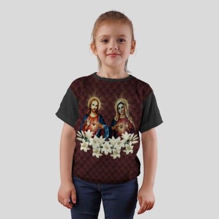 Camiseta Infantil Unissex Sagrado Coração de Maria e Jesus