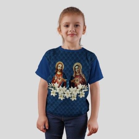 Camiseta Infantil Unissex Sagrado Coração de Maria e Jesus