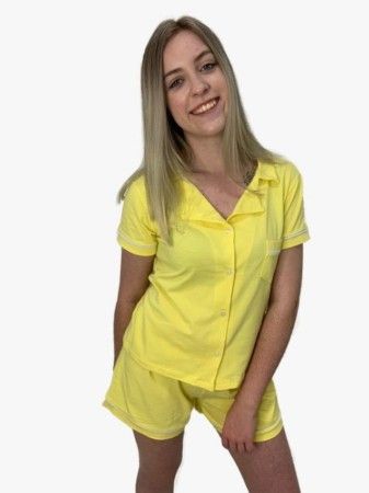 Conjunto Pijama Americano Curto Blogueira Blusa Shorts Cotton Feminino Amarelo