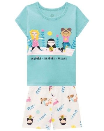 Pijama Infantil Menina Malha Estampa de Yoga Brandili Azul