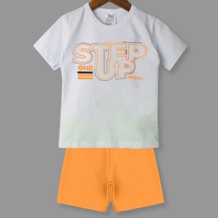 Conjunto Infantil Menino Camiseta Step Up e Shorts Laranja Neon - Magia Baby