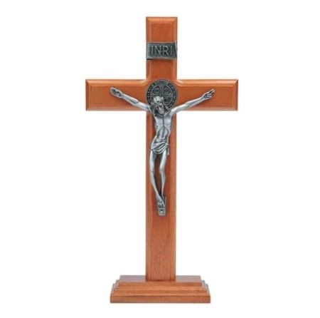 Crucifixo de Mesa com São Bento 26cm Ouro Velho