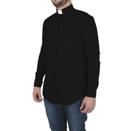 Camisa Clerical Manga Longa Preta Tecido Passa Fácil
