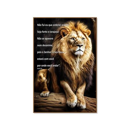 Quadro Decorativo Leão com Versículo Bíblico Josué 1:9 40x60