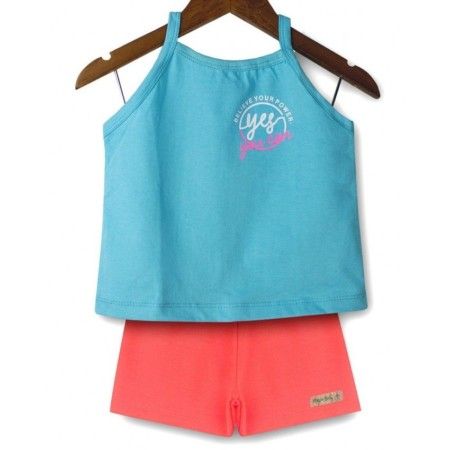 Conjunto Infantil Menina Regata Azul e Shorts Rosa Neon - Magia Baby