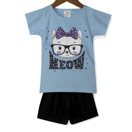Conjunto Infantil Menina Camiseta Gatinho Azul e Shorts Preto - Magia Baby