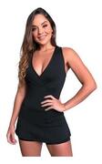 Macaquinho Vestido Feminino Curto Fitness Short Saia Suplex - Preto Florido