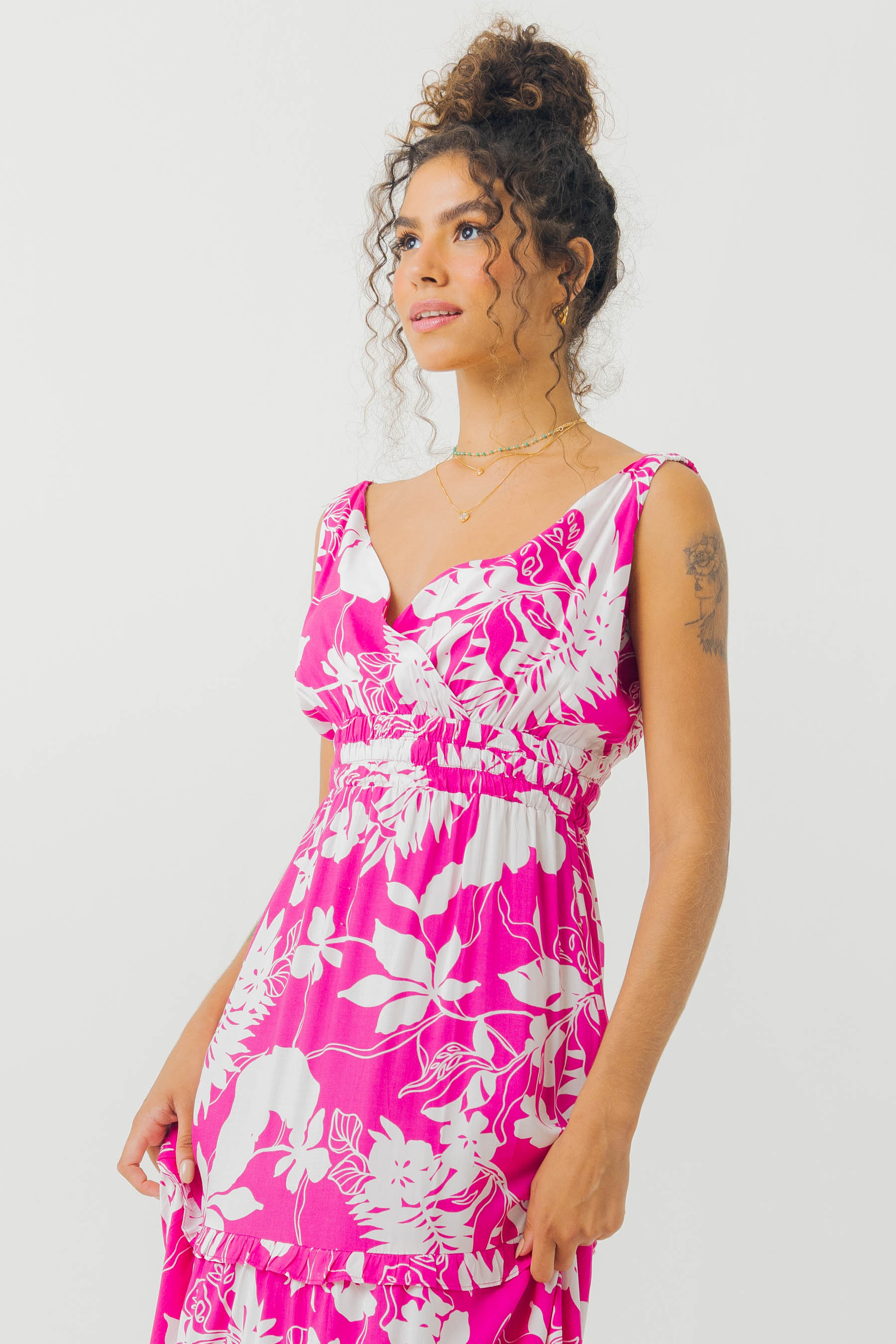 Vestido Longo Viscose Mar Elastico Rosa