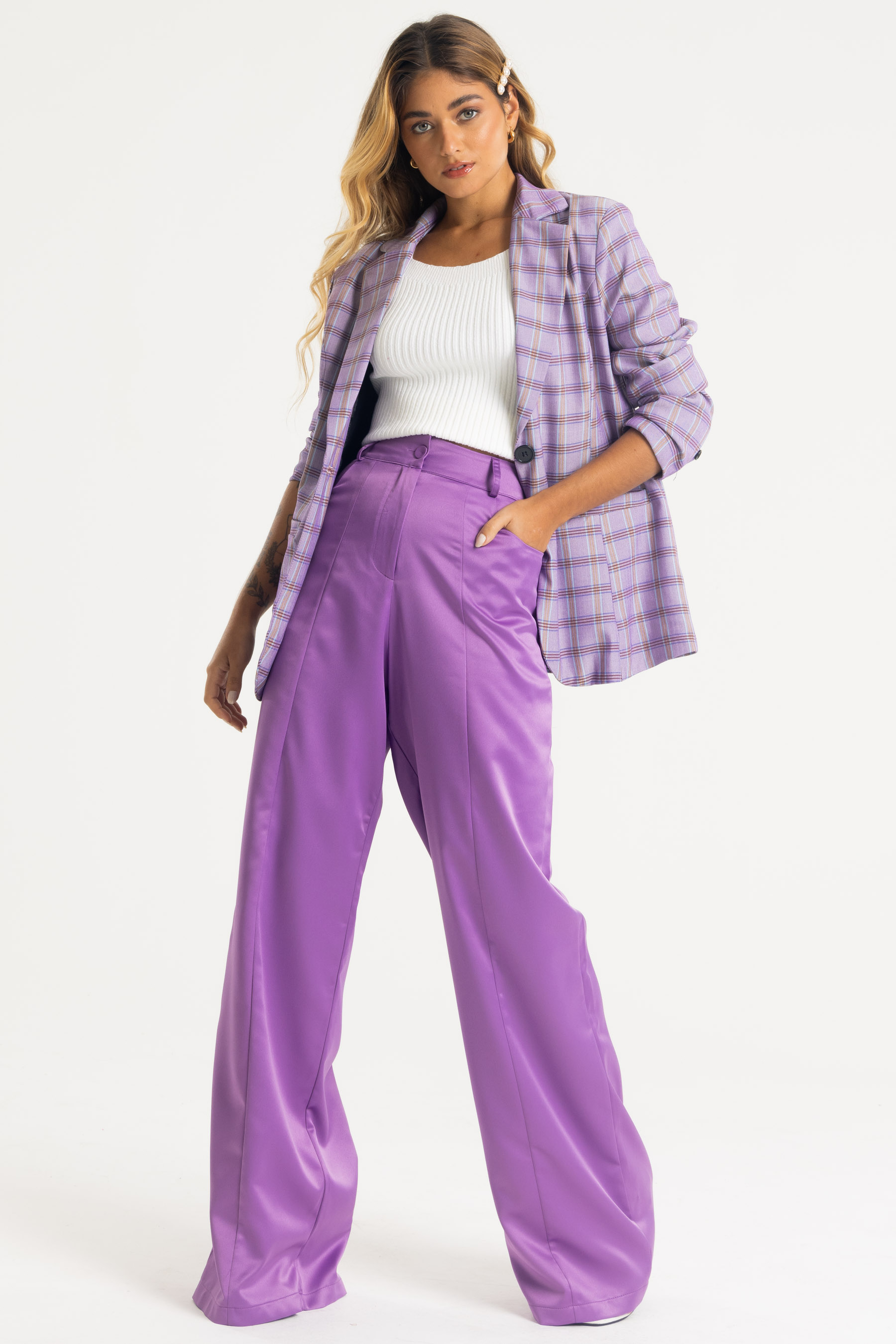 Calca Pantalona Bolso Frente Roxo