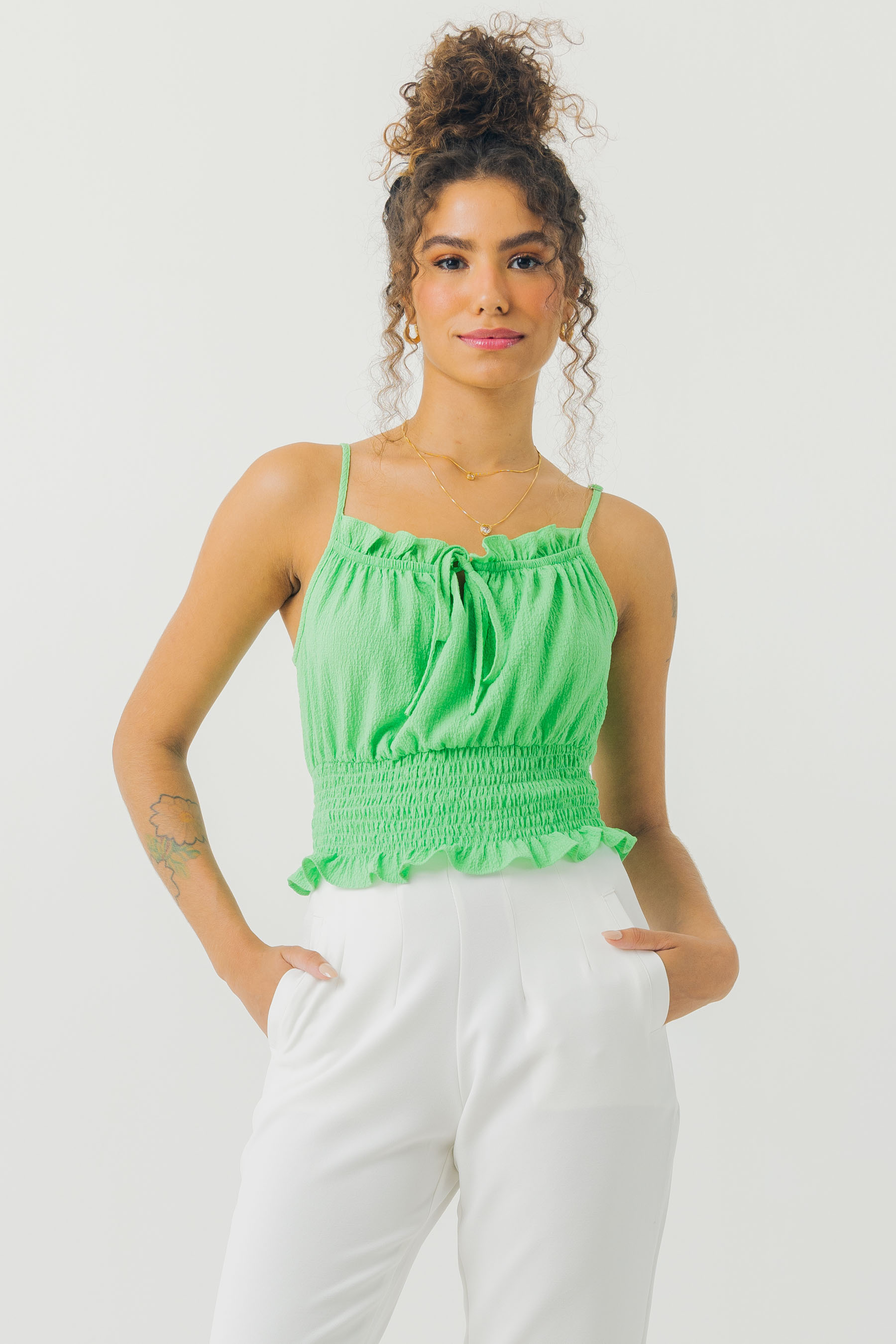 Blusa Cropped Lastex Na Cintura Verde