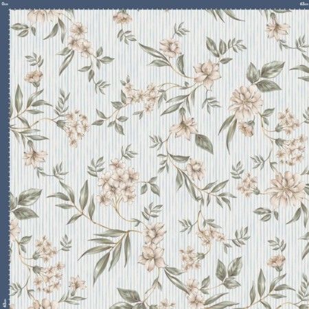 Malha King Size Estampada 30X1 Penteada  Floral e Listras Fundo Champagne