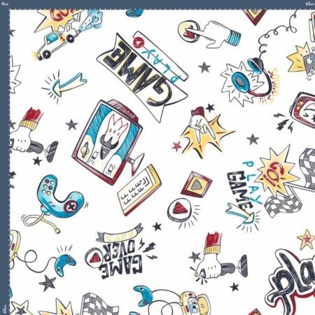 Malha King Size Estampada 30X1 Penteada -   Play Game Fundo Branco