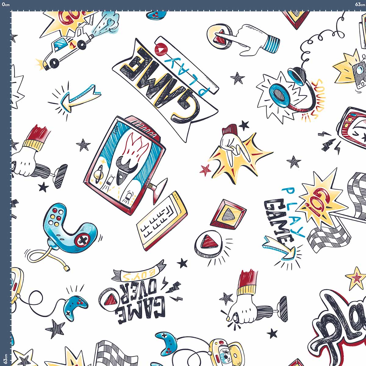 Malha King Size Estampada 30X1 Penteada -   Play Game Fundo Branco