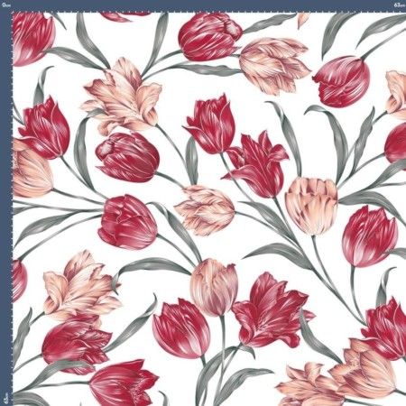 Malha King Size Estampada 30X1 Penteada  Tulipa Vermelha Fundo Branco