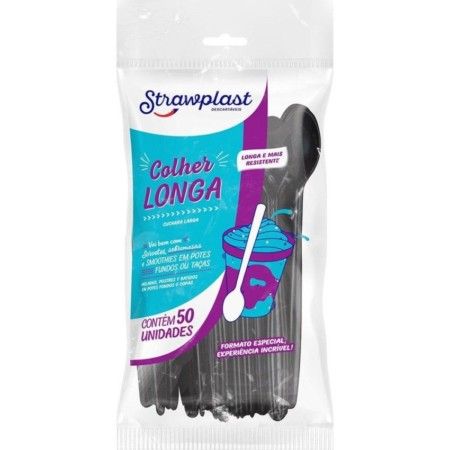 STRAWPLAST COLHER LONGA PRETA 10X50