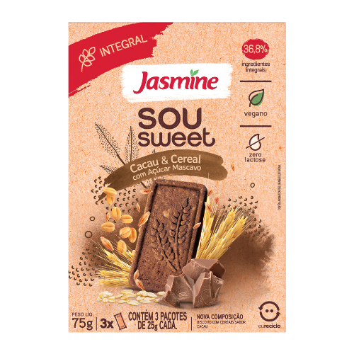 Biscoito Sou Sweet Jasmine Cacau e Cereais dp 3x25g