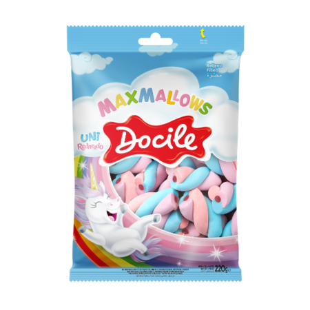 Maxmallows Unicórnio Recheado Docile Twist Colorido Baunilha com Morango 220g