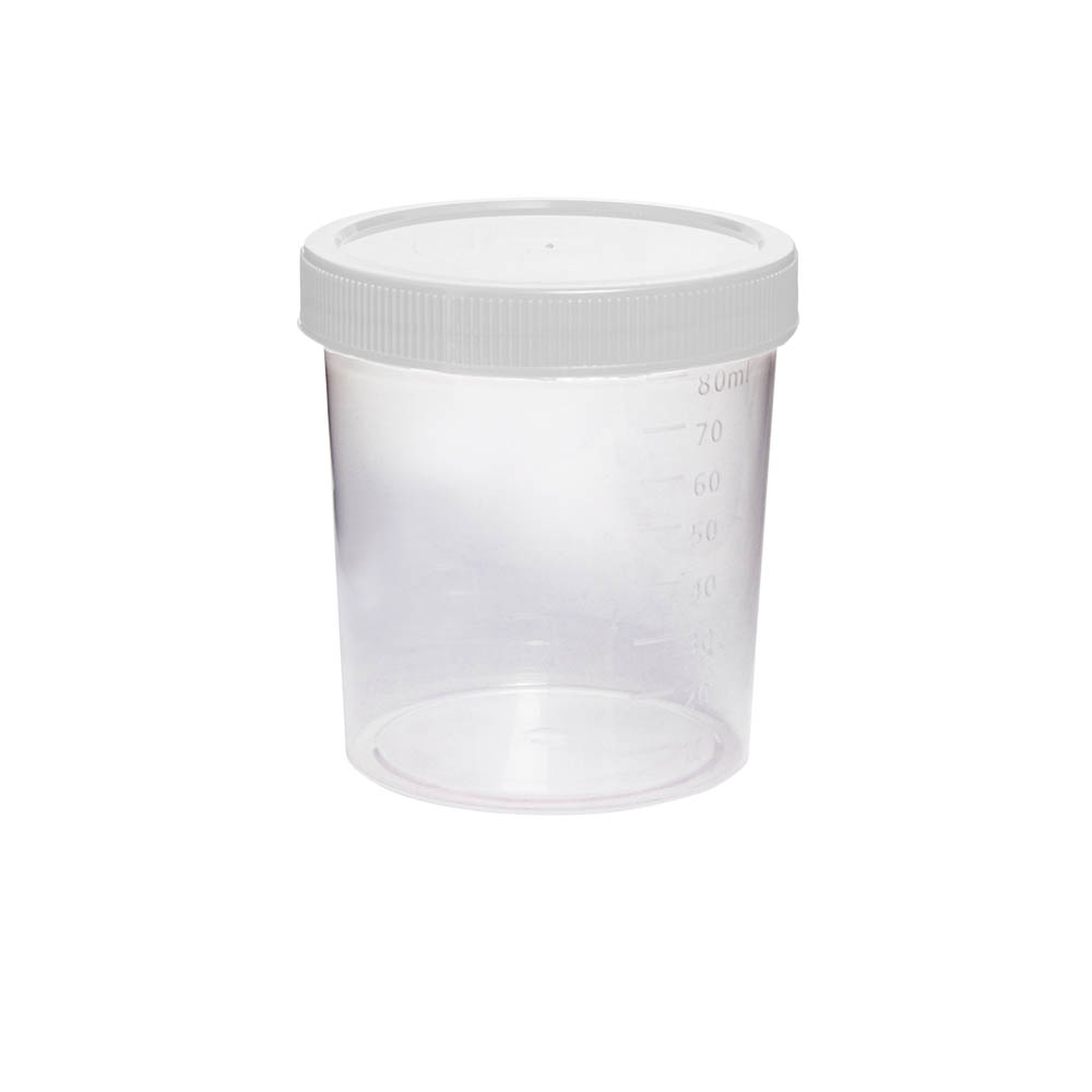 Pacote de coletor não estéril transparente, tampa branca - Caixa Master - 80mL