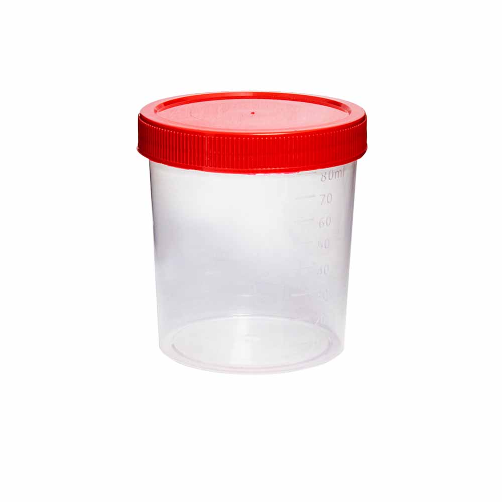 Coletor estéril (Radiação ionizante), transparente, tampa vermelha - Caixa Master - 80mL