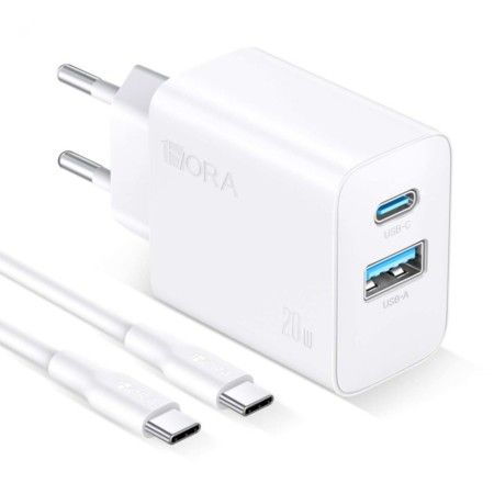 1HORA CARREGADOR PD 20W DUAS PORTAS (USB 18W + C 20W) +  CABO DE DADOS C PARA C 1M 3A PVC CONJUNTO - UNIDADE