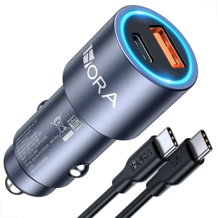 1HORA CARREGADOR CARRO DUAS PORTAS (USB 18W + C 20W) METAL + CABO DE DADOS C PARA C 1M 3A PVC CONJUNTO - UNIDADE