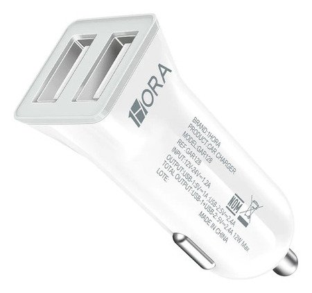 1HORA CARREGADOR DE CARRO USB DUPLO 2.4A 12W PVC - UNIDADE