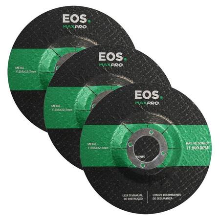Kit com 03 Discos de Desbaste para Esmerilhadeira 115mm EOS 115x6x22mm