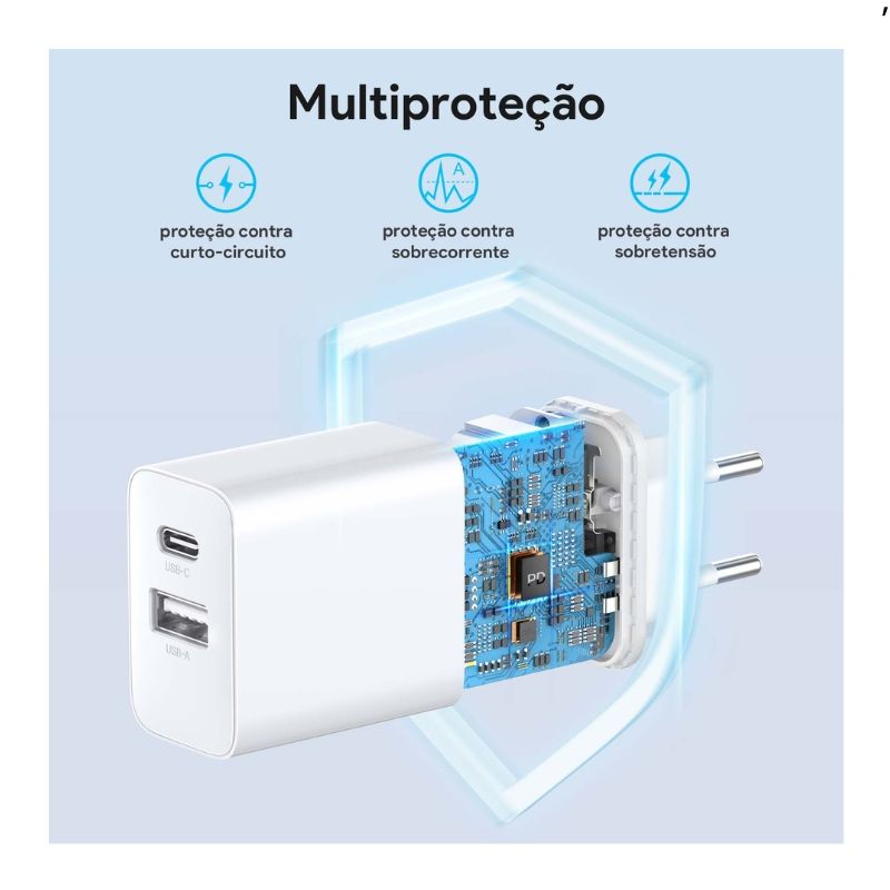 Carregador C Cabo Iphone 1Hora Usb 18w + Usb-C PD 20w 3A 1m