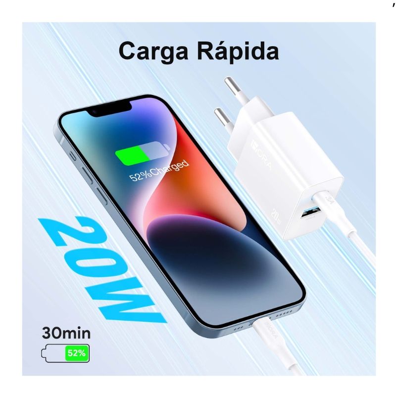 Carregador C Cabo Iphone 1Hora Usb 18w + Usb-C PD 20w 3A 1m