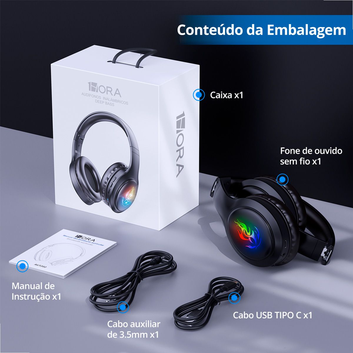 Fone de Ouvido Headset Bluetooth 1 Hora aut202 Preto