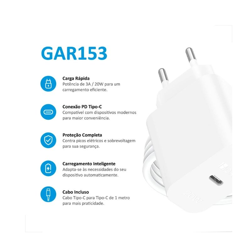 Carregador C Cabo 1Hora Tipoc x Tipoc 3A PD 20W 1m