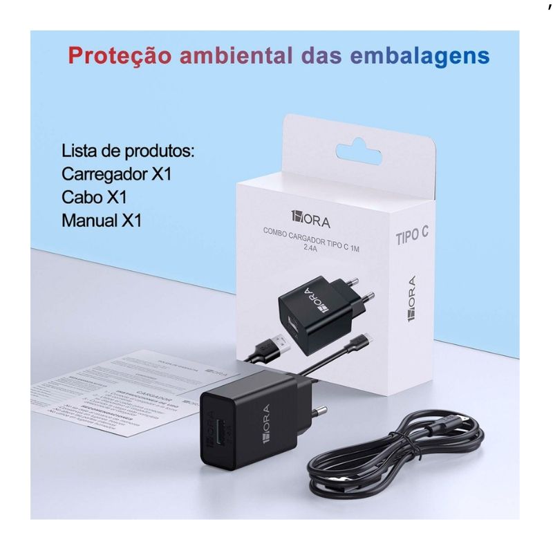Carregador C Cabo Usb x TipoC 1Hora 5V 2.4A 12w 1m