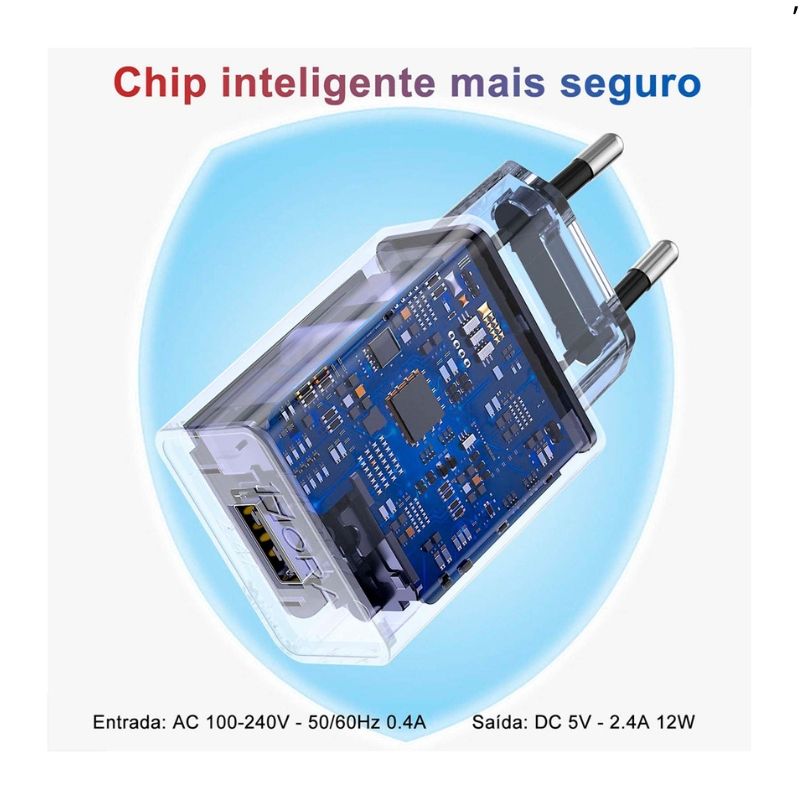 Carregador C Cabo Usb x TipoC 1Hora 5V 2.4A 12w 1m