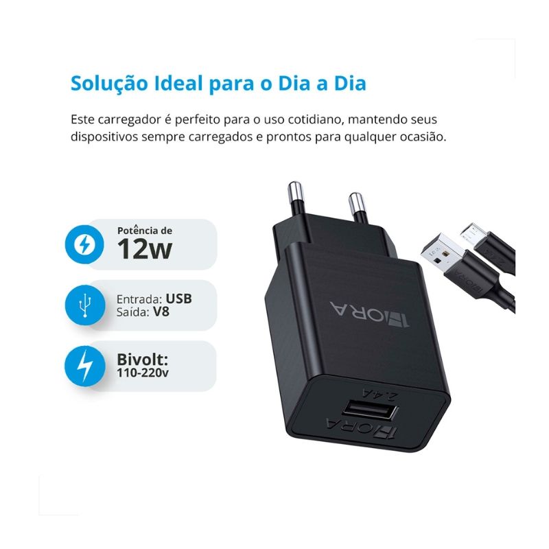 Carregador C Cabo V8 1Hora 5V 2.4A 12W 1m