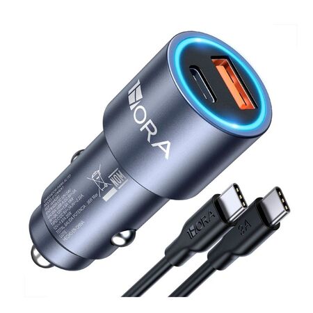 Carregador Veicular C Cabo 1Hora Tipoc 20W + Usb 18W 3A 1m