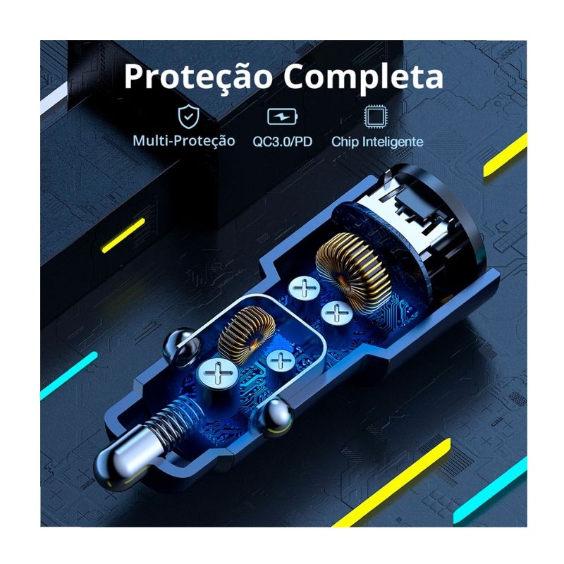 Carregador Veicular C Cabo 1Hora Tipoc 20W + Usb 18W 3A 1m
