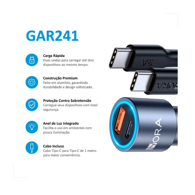 Carregador Veicular C Cabo 1Hora Tipoc 20W + Usb 18W 3A 1m