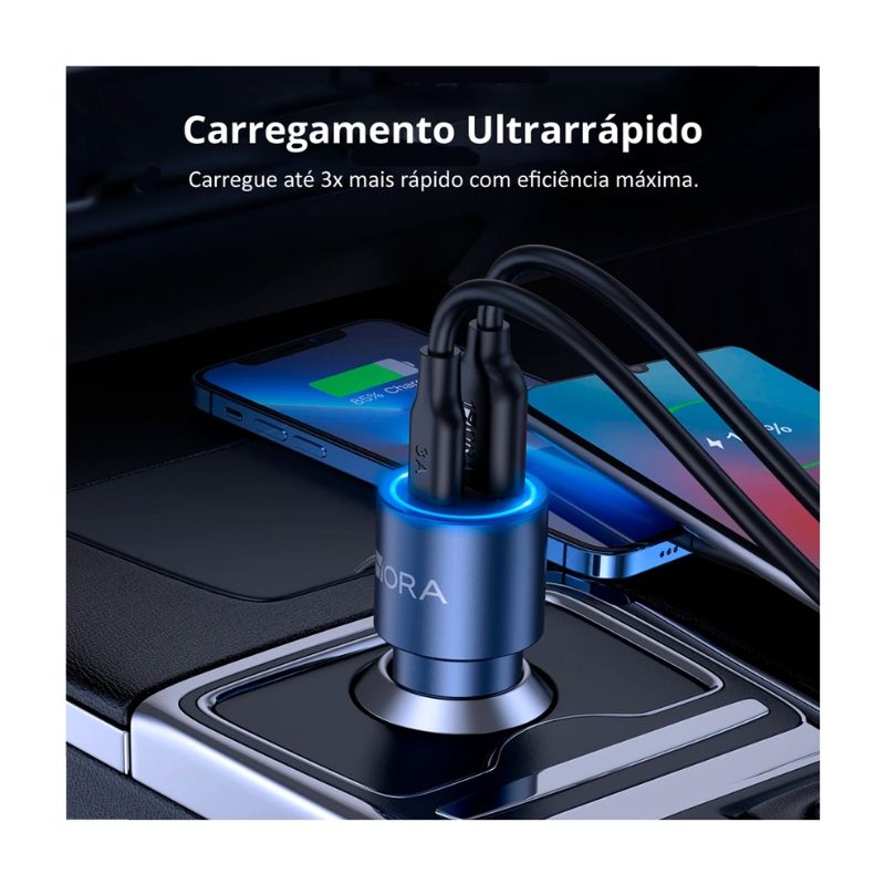 Carregador Veicular C Cabo 1Hora Tipoc 20W + Usb 18W 3A 1m